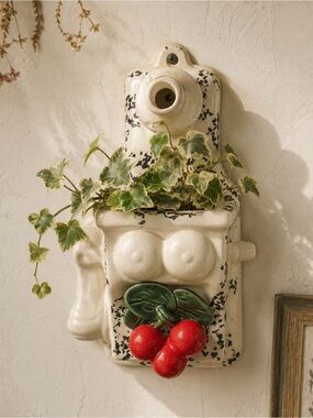 Vintage Ceramic Wall Pocket Planter Cherry Kitchen Wall Vase Farmhouse Fruit 9”